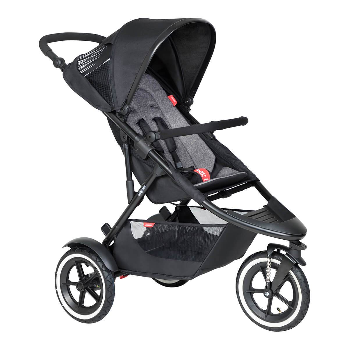 Black three-wheeled stroller from Phil&Teds Sport buggy with fabric sling seat for Toshi Baby