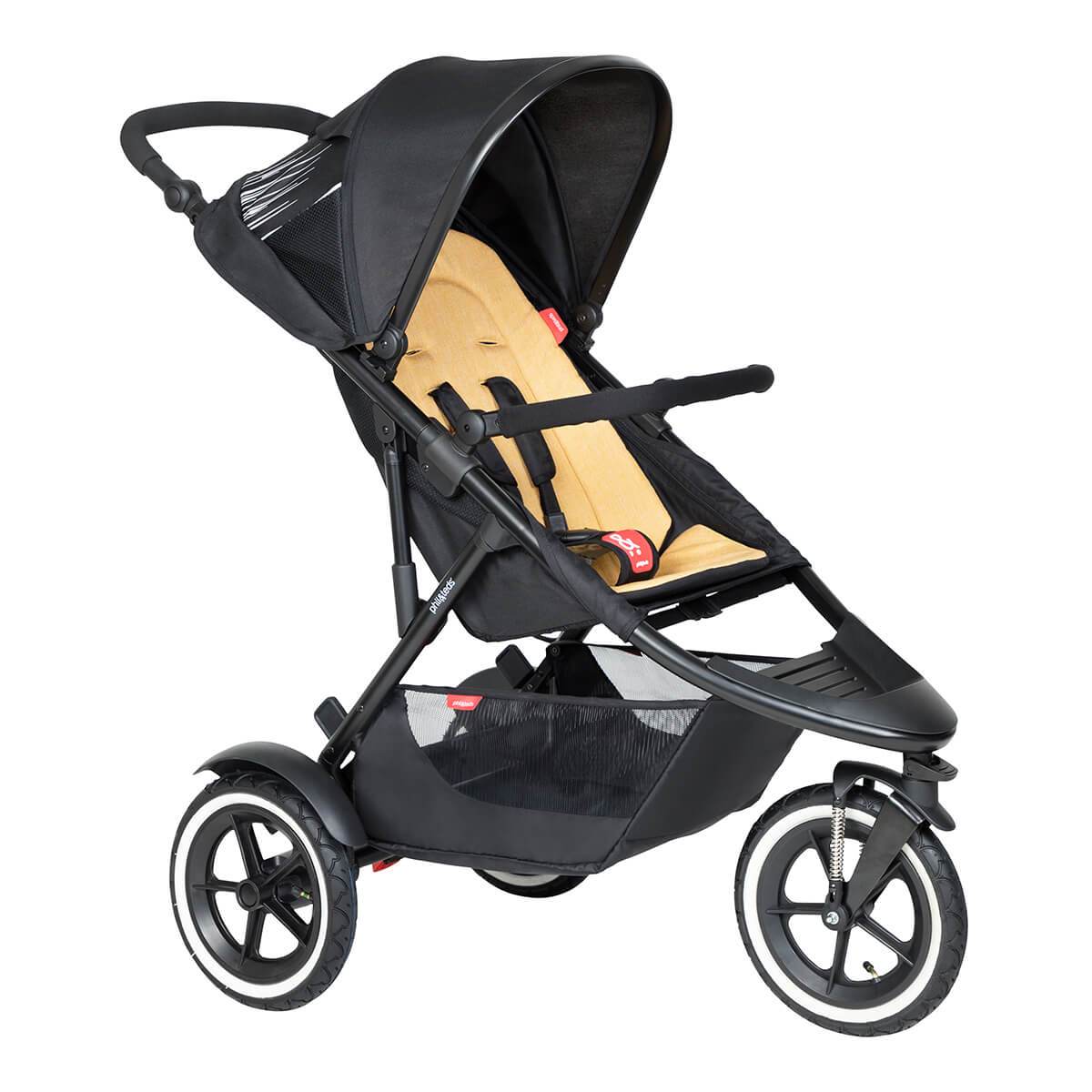 Black and tan three-wheeled stroller with fabric sling seat for toshi baby, great baby strollers