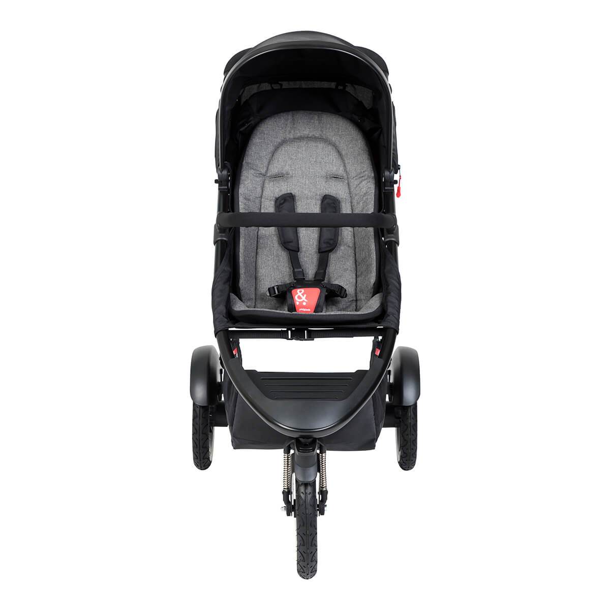 Black and gray toshi baby fabric sling seat on Phil&Teds Sport buggy, 3-wheeled fun