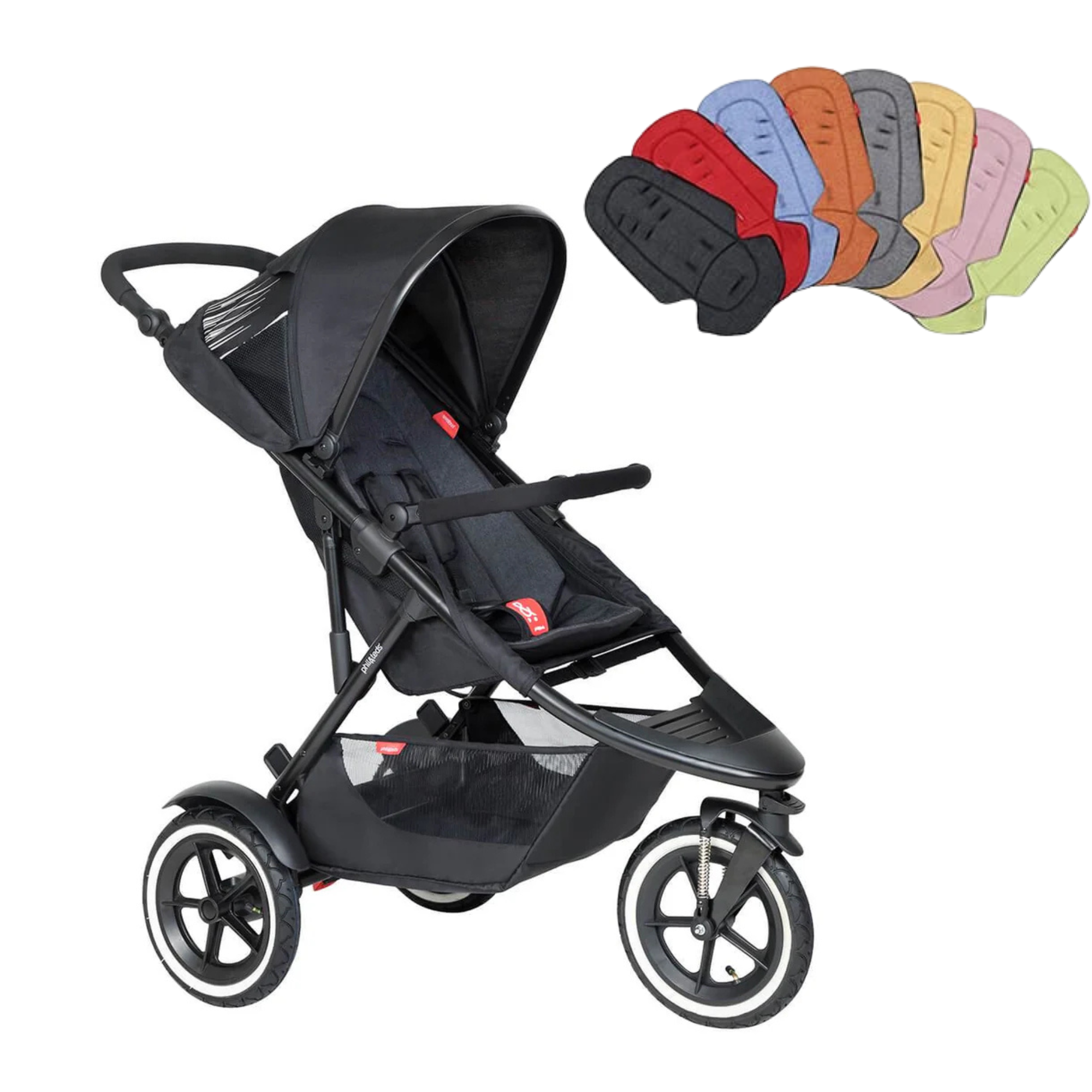 Black three-wheeled Phil&Teds Sport buggy with colorful fabric sling seat for Toshi Baby