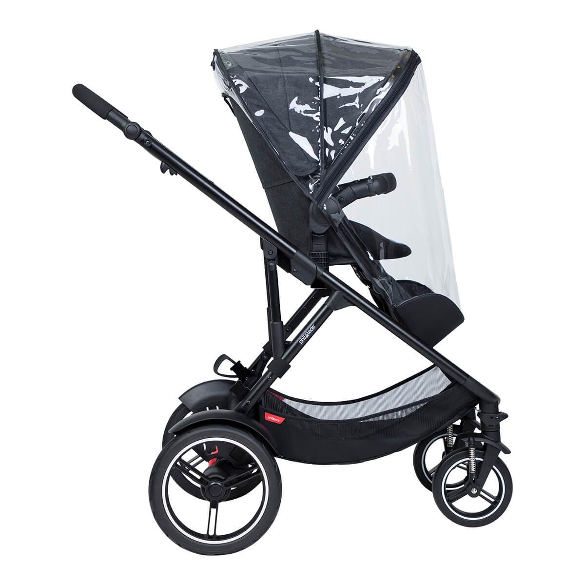 Black Phil&Teds Sport Verso baby stroller with rain cover ready for any weather