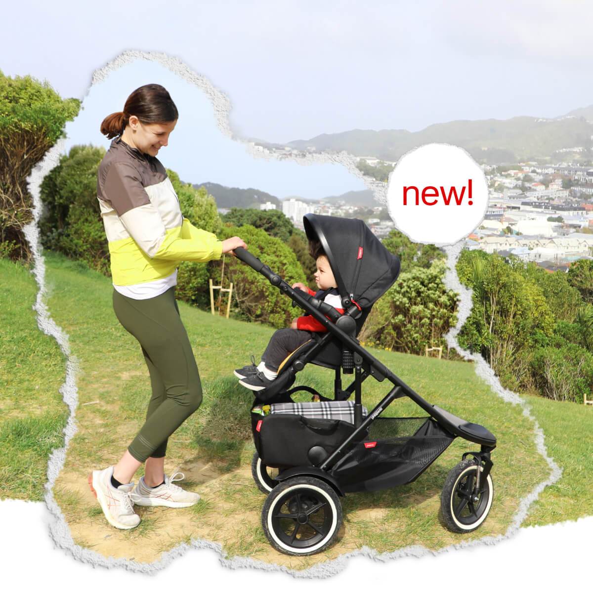 Black stroller with child from Phil&Teds Sport Verso, great for baby strollers fans