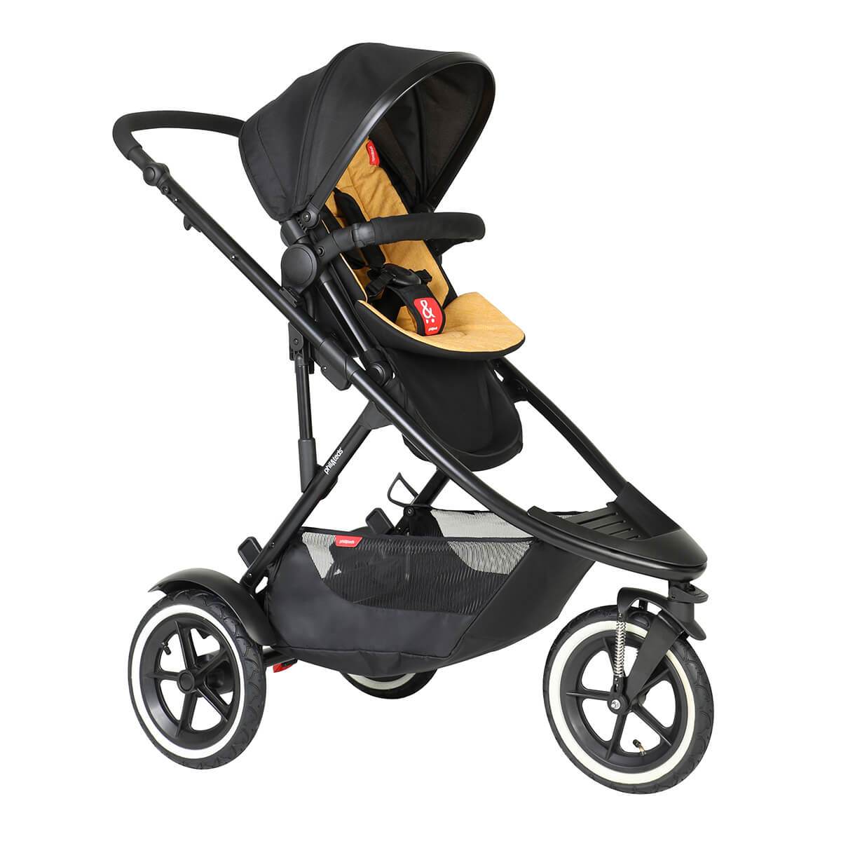 Black and tan three-wheeled stroller from Phil&Teds Sport Verso sporty& modular inline baby strollers