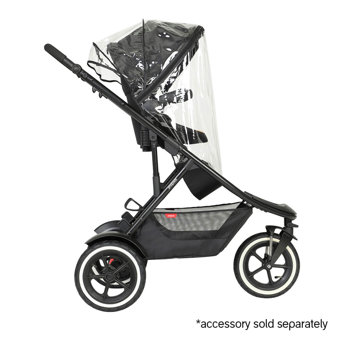 Black phil&teds sport stroller with rain cover, perfect for baby strollers and postpartum moms