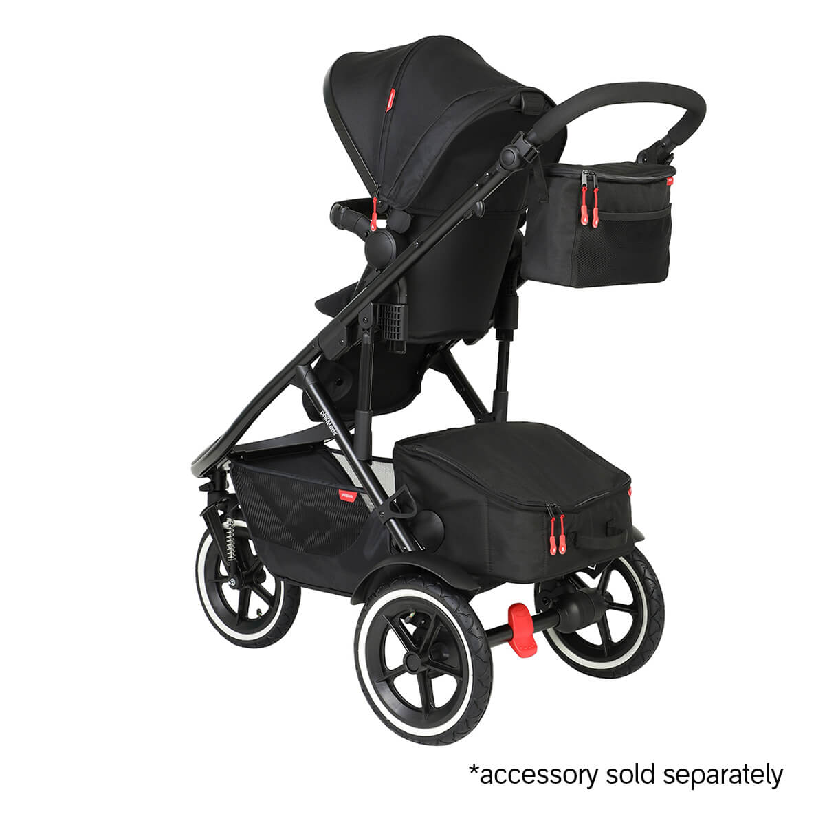 Black Phil&Teds Sport stroller with storage bags and Odyssey wagon wheels for ease