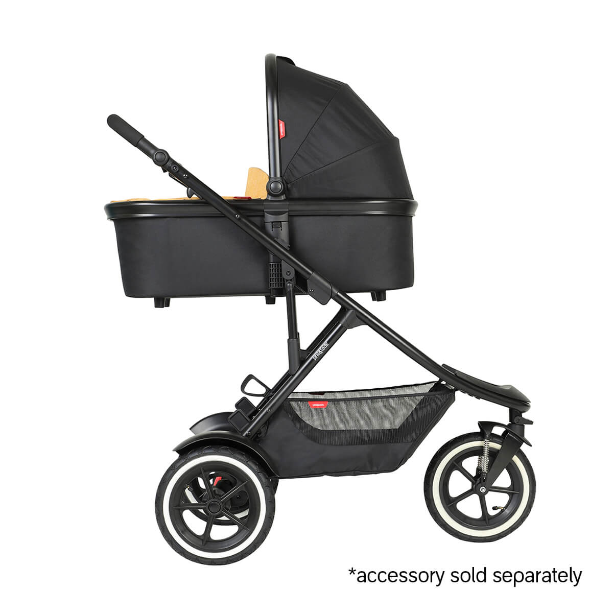 Black stroller with bassinet from Phil&Teds Sport Verso featuring Odyssey wagon wheels