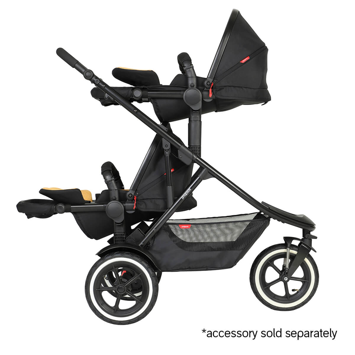 Black double stroller from Phil&Teds Sport Verso with Odyssey wagon wheels for smooth ride