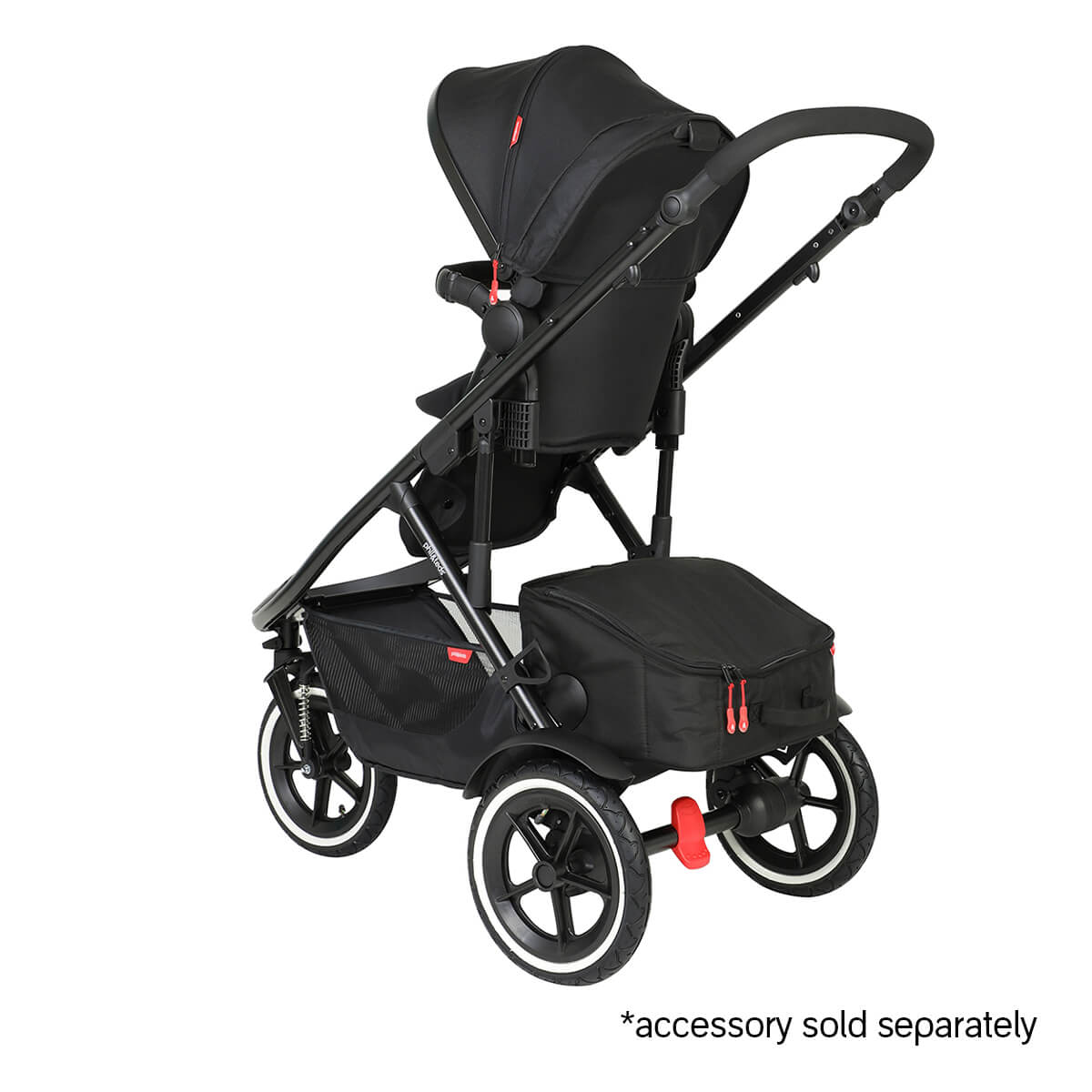 Black Phil&Teds Sport Versa stroller with storage bag and odyssey wagon wheels
