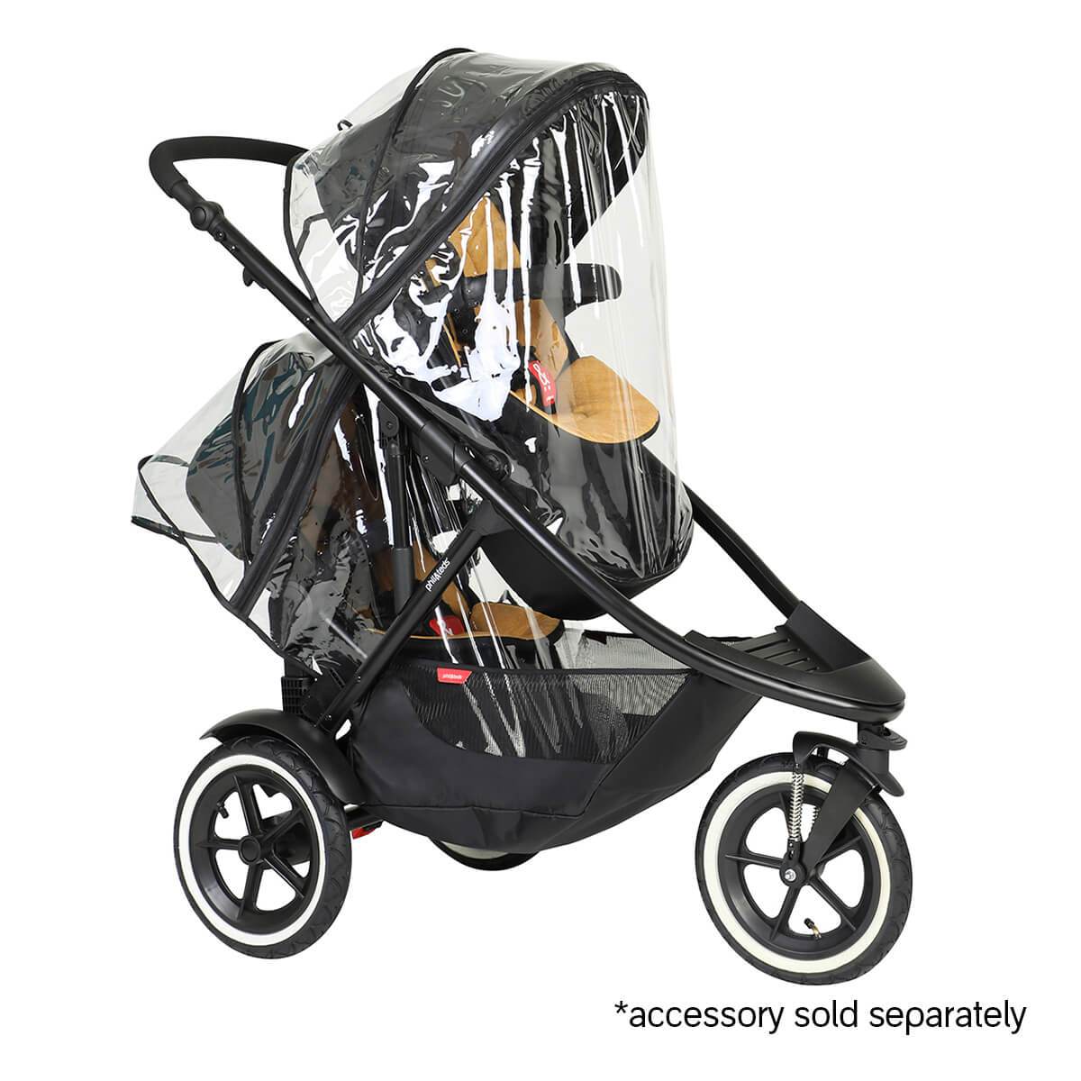 Black Phil&Teds Sport stroller with rain cover, perfect for baby strollers and postpartum moms
