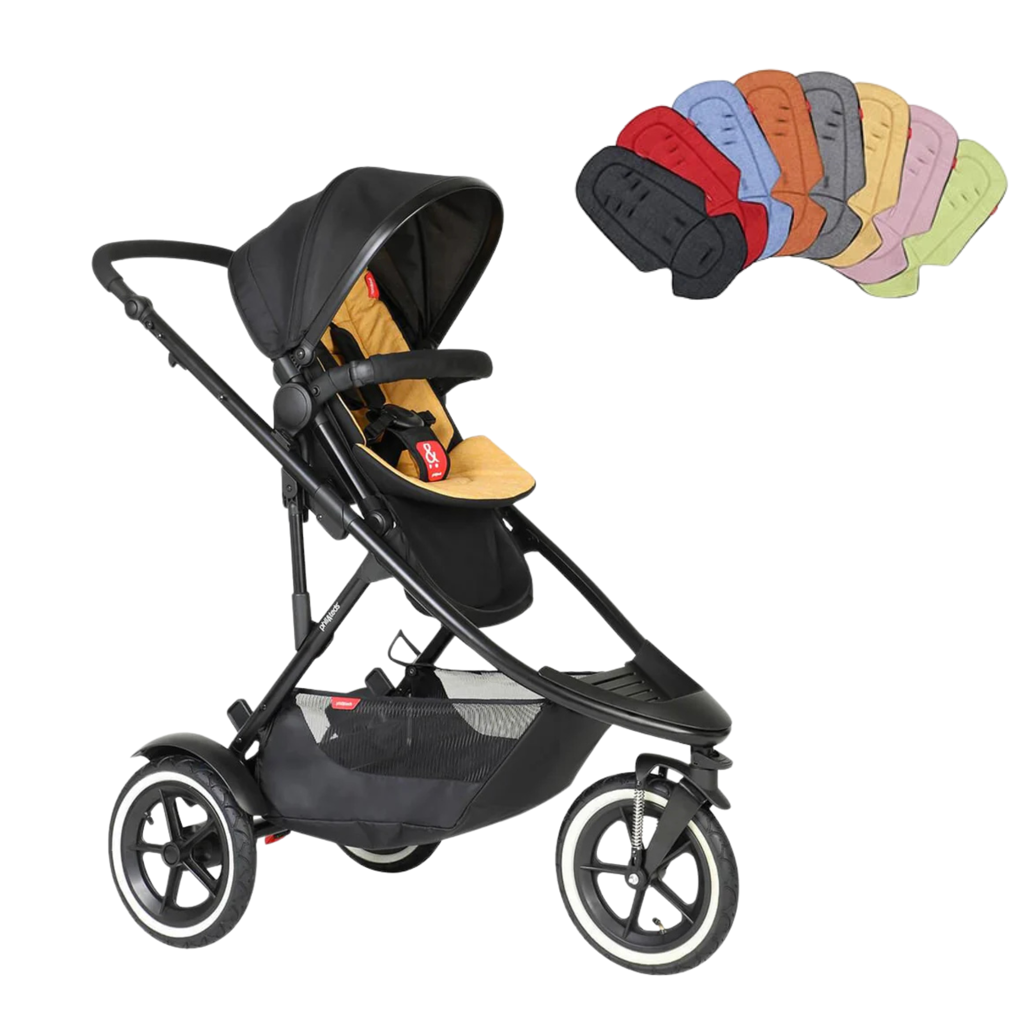 Black stroller with tan seat and colorful pads from Phil&Teds Sport Verso inline®