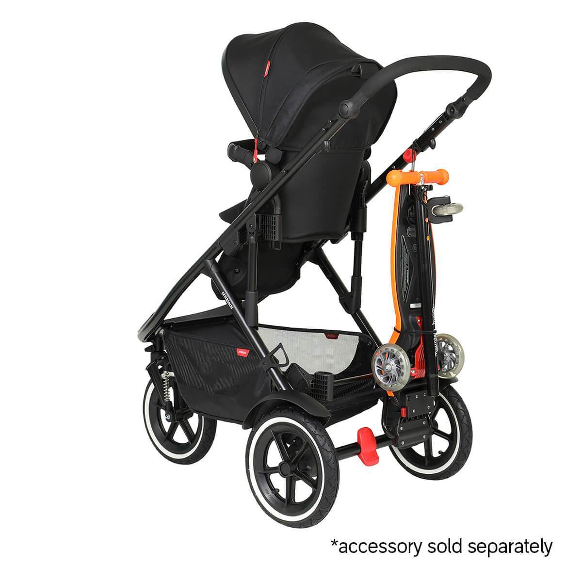 Black Phil&Teds Sport stroller with attached scooter and Odyssey wagon wheels