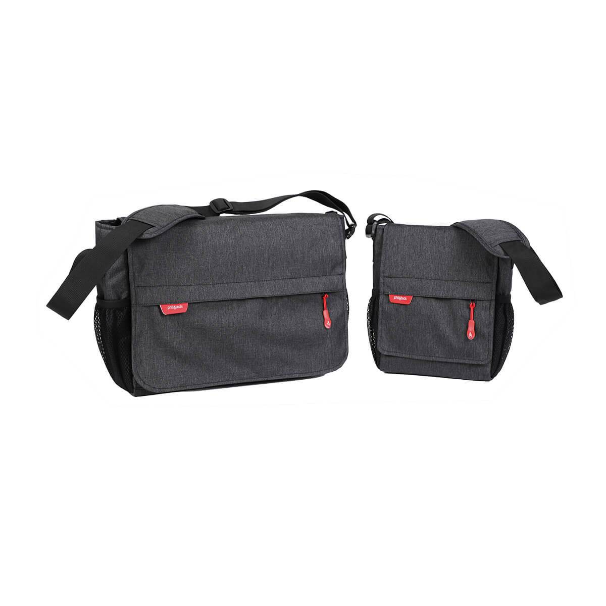 Two gray messenger bags from Phil&Teds diddie with Toshi Baby Romper, perfect for baby strollers