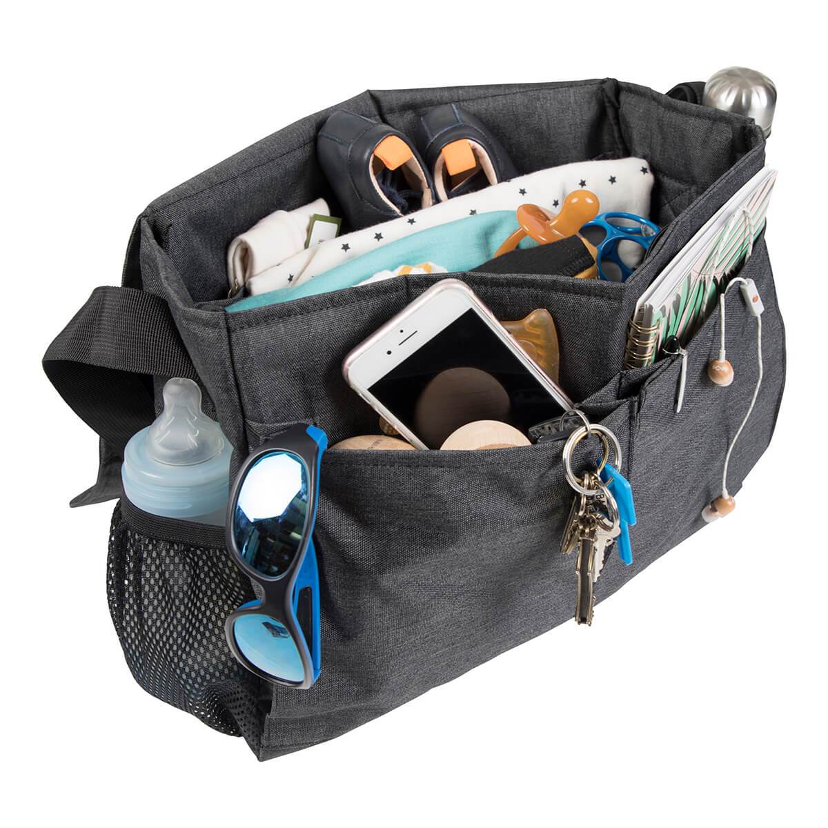 Gray stroller organizer bag for Phil&Teds diddie with toshi baby romper style look