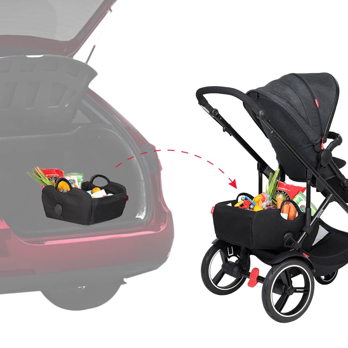 Black stroller with filled storage basket from Phil&Teds Tote Inline baby strollers