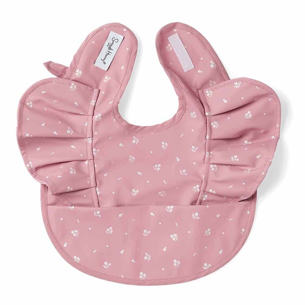 Pink fleur snuggle baby bib with ruffles from Toshi Baby Bibs, perfect for baby strollers