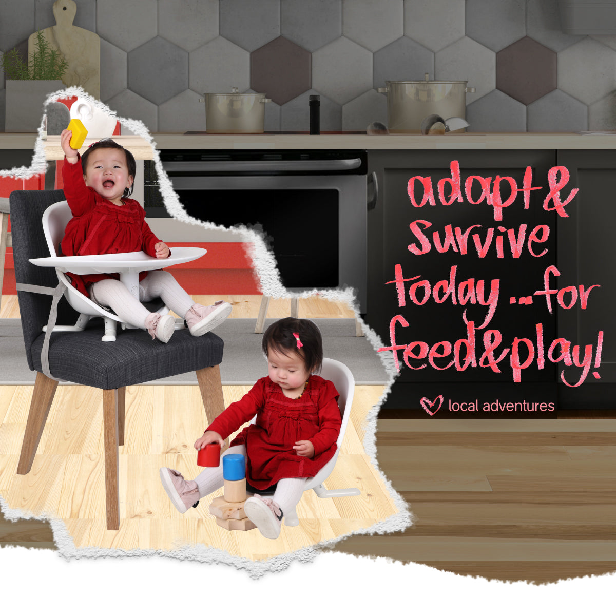 Two babies in high chairs with Poppy Modes Kit and Toshi Baby Romper on baby strollers