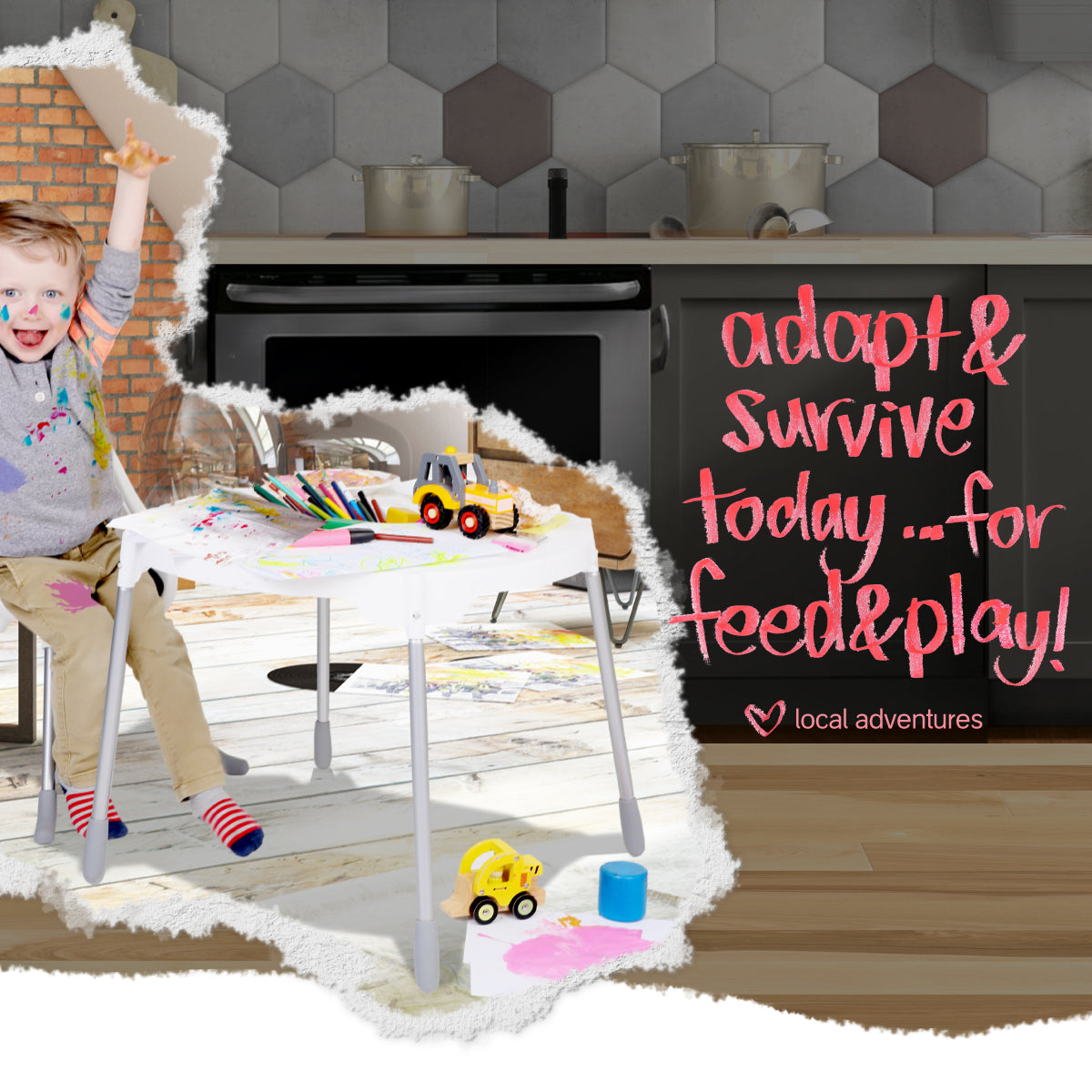 Child’s art table with paint and toys on Poppy Table for creative play and fun