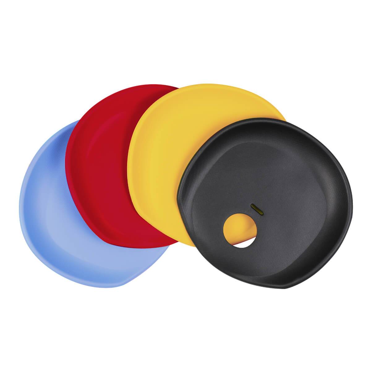 Colorful plates stacked in front of Phil&Teds Poppy Wood Highchair for Toshi Baby Romper style