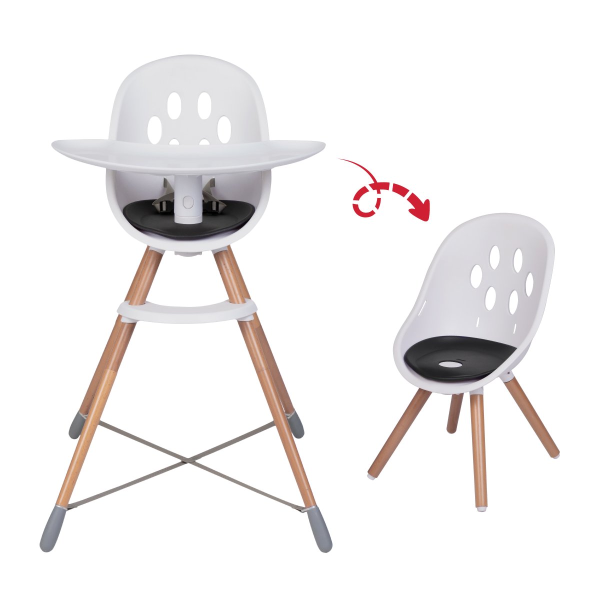 Convertible white and wood Poppy Wood Highchair from Phil&Teds, perfect with Toshi Baby Romper