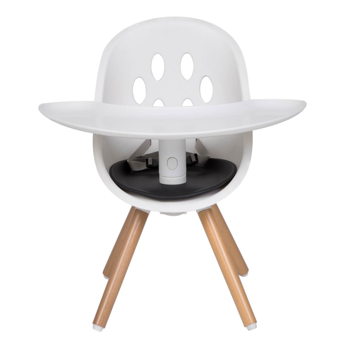White baby high chair with wooden legs from Phil&Teds Poppy Wood Highchair collection