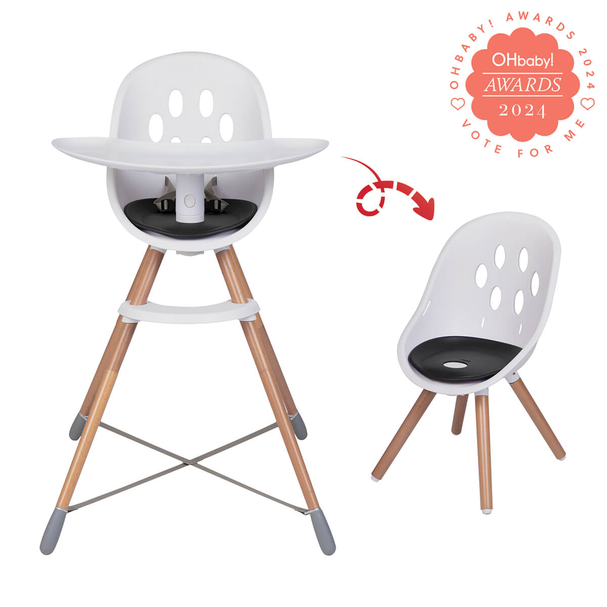 Convertible white baby high chair from Phil&Teds Poppy Wood Highchair collection