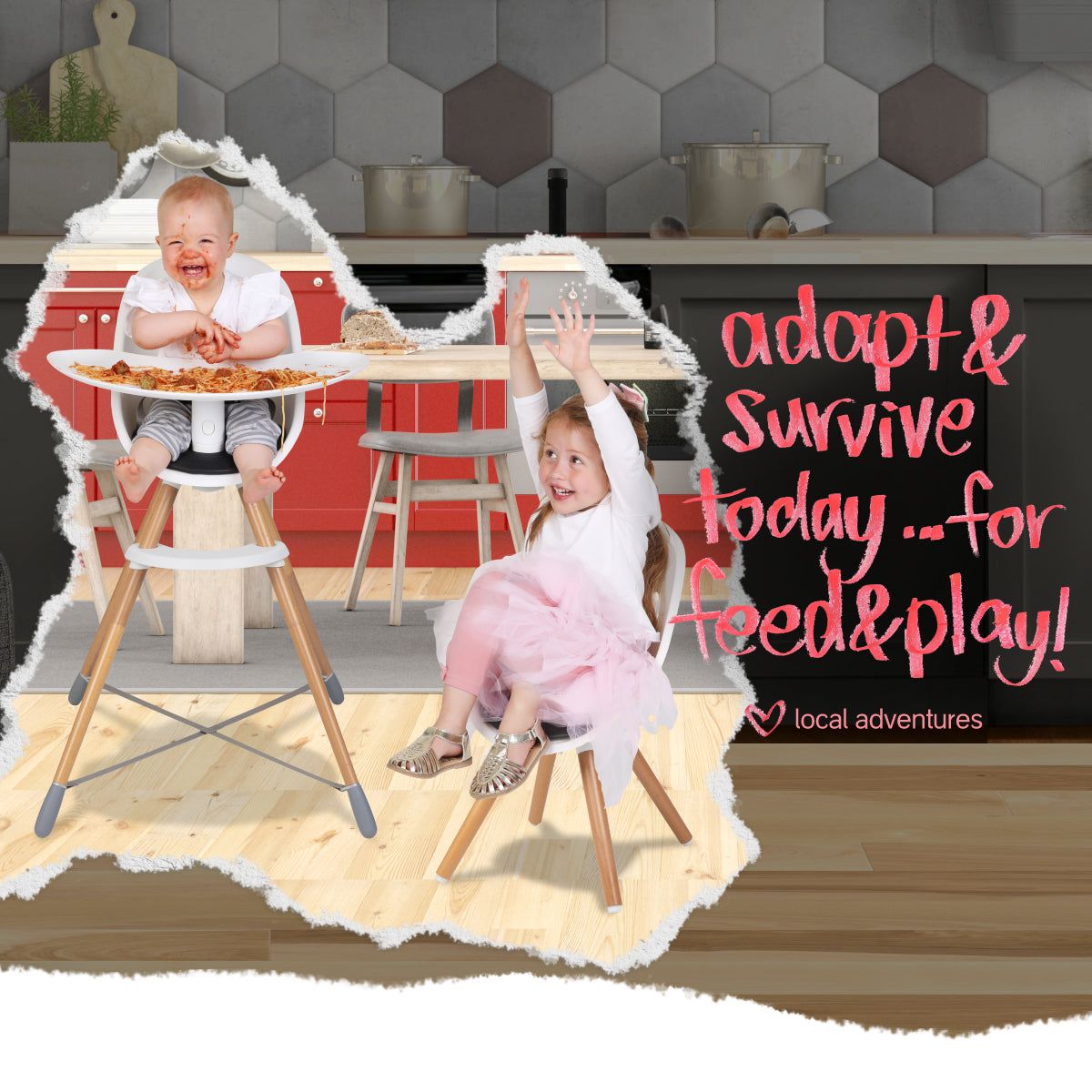 Children’s high chairs on display at Phil&Teds Poppy Wood Highchair shop