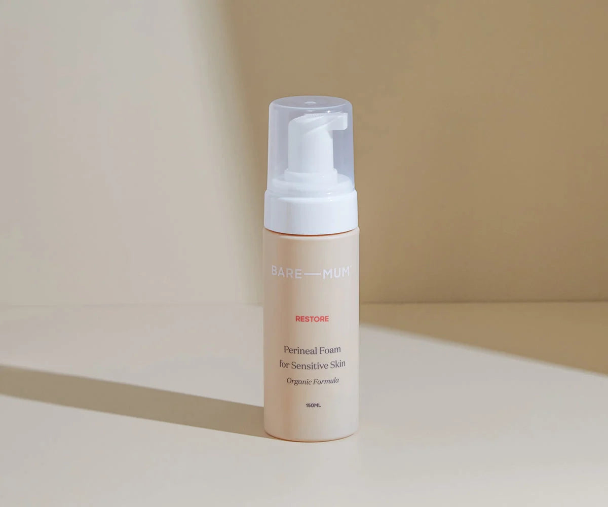 Bare Mum Perineal Foam bottle with clear pump top for postpartum care