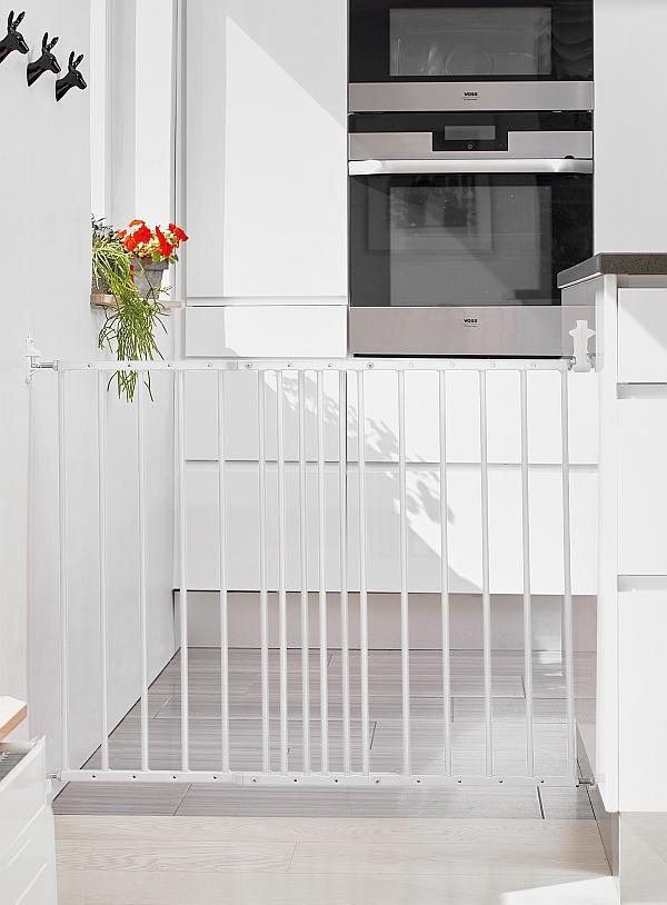 White metal safety gate from BabyDan Multidan, perfect for baby strollers and more