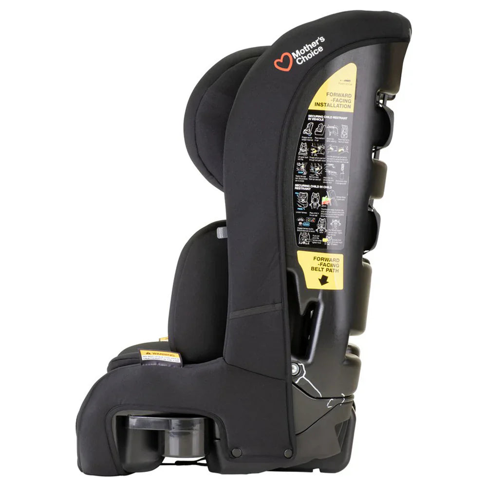 Black child safety seat in Mothers Choice Focus Forward Facing Harnessed Car Seat for babies