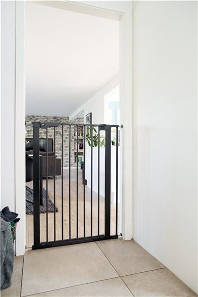 Black metal safety gate for Bonnie extra tall Pet gate in DogSpace Extension setup