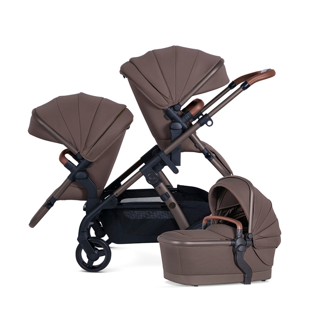 Brown convertible stroller system on Silver Cross Wave baby strollers with Toshi Baby gear