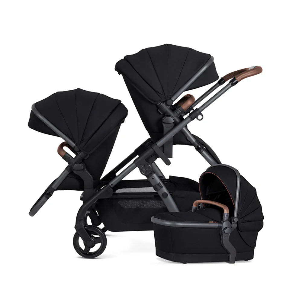 Black stroller with bassinet and toddler seat for Silver Cross Wave, includes free foot muff