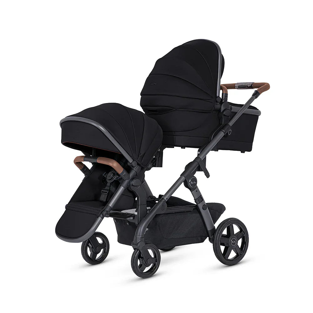 Black double stroller Silver Cross Wave 3 Liquorice with tandem seat and foot muff