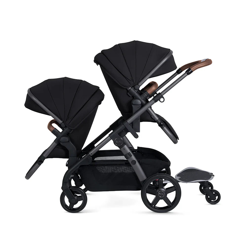 Black tandem stroller with ride-on board for Silver Cross Wave Toshi Baby free foot muff