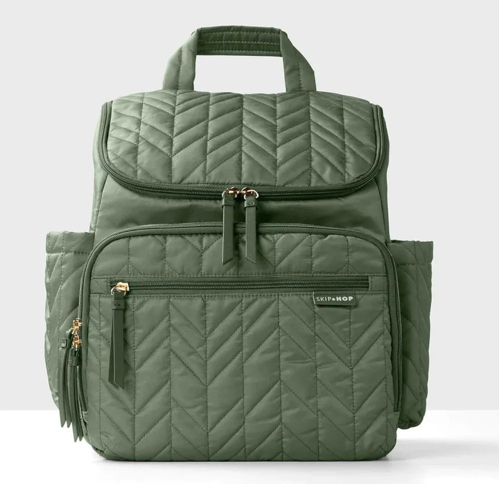Quilted olive green Skip Hop Toshi baby Forma Nappy Backpack with packing cubes