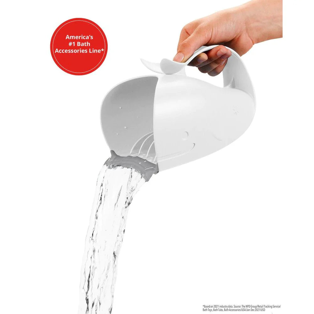 White whale-shaped bath rinser from Skip Hop Moby Waterfall Rinser for tub time fun