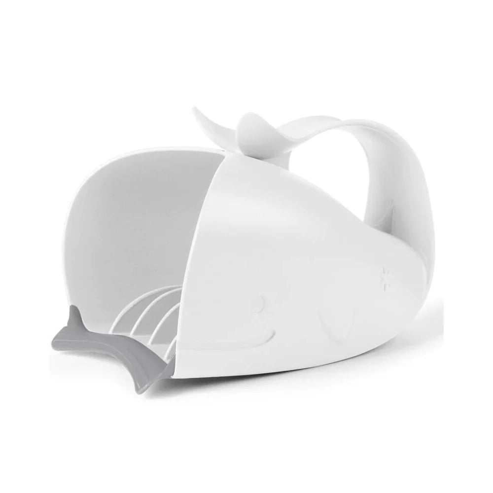 White whale-shaped dish rack from Skip Hop Moby Waterfall Rinser perfect for tub time