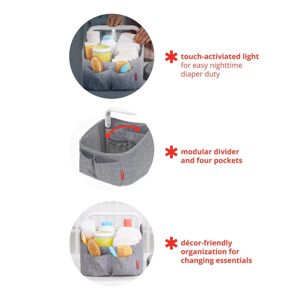 Gray Skip Hop Nursery Style Light Up Nappy Caddy with pockets for toshi baby needs