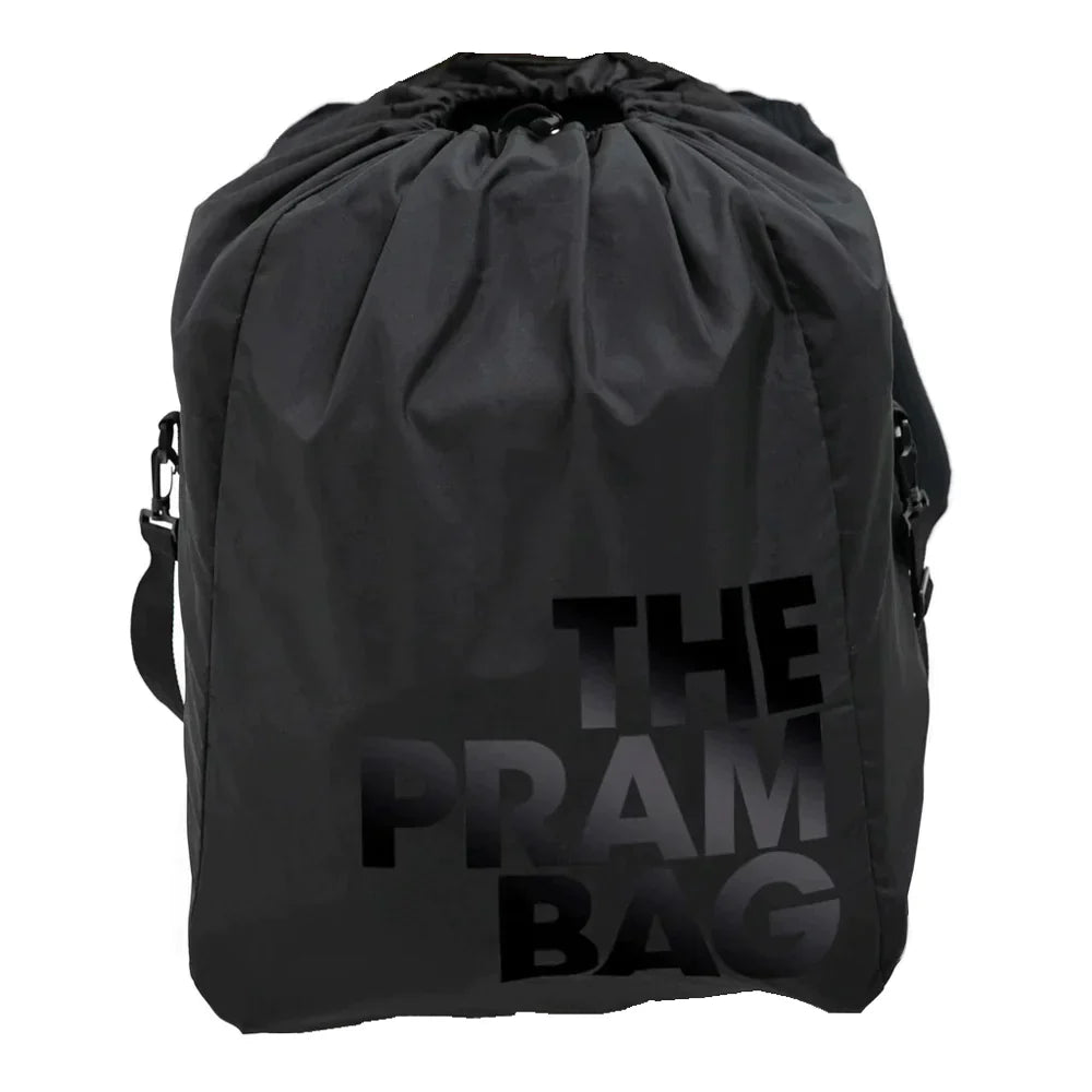 Black drawstring bag from The Pram Bag, perfect for toshi baby romper and baby strollers