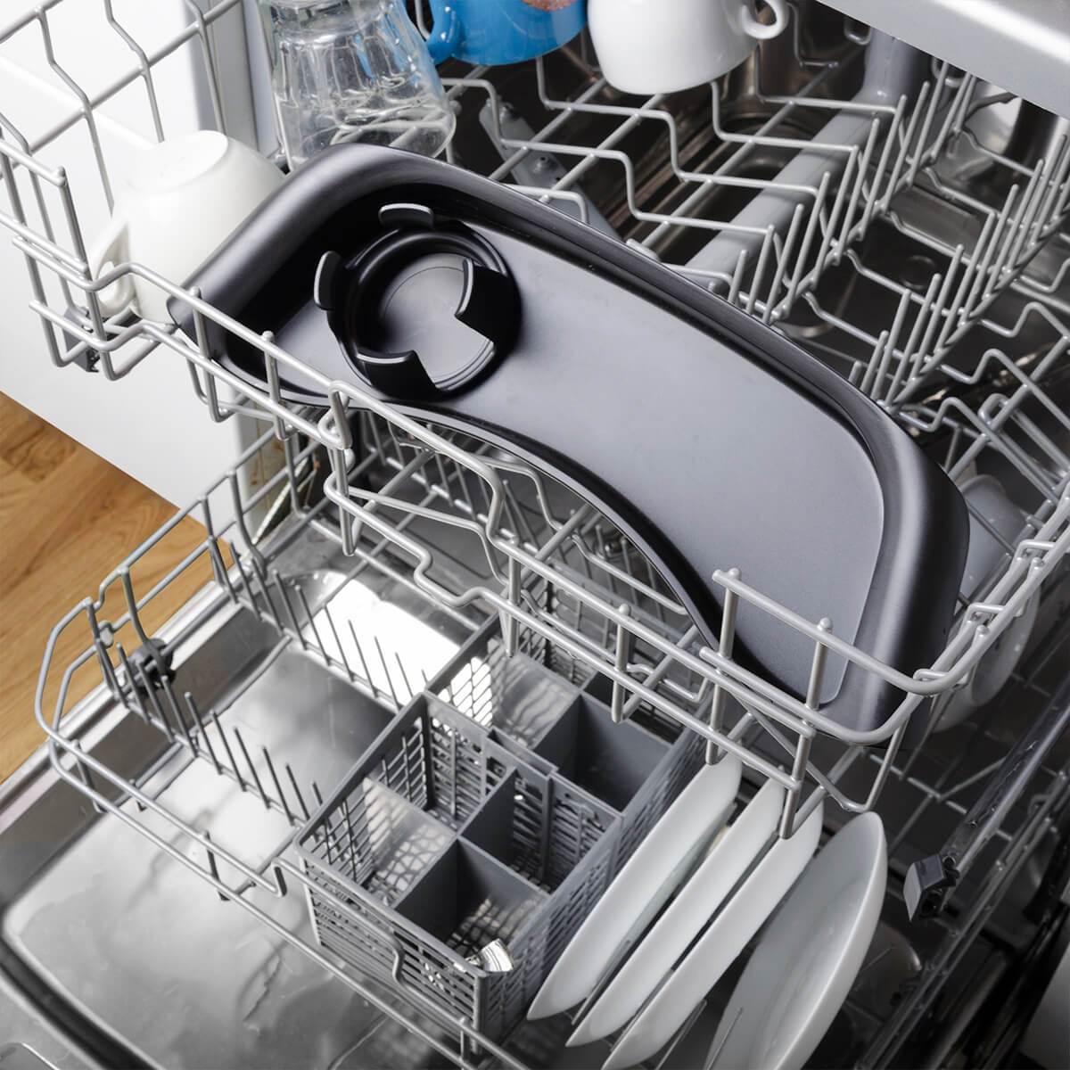 Dishwasher loaded with dishes for phil&teds food tray, perfect for baby strollers lovers