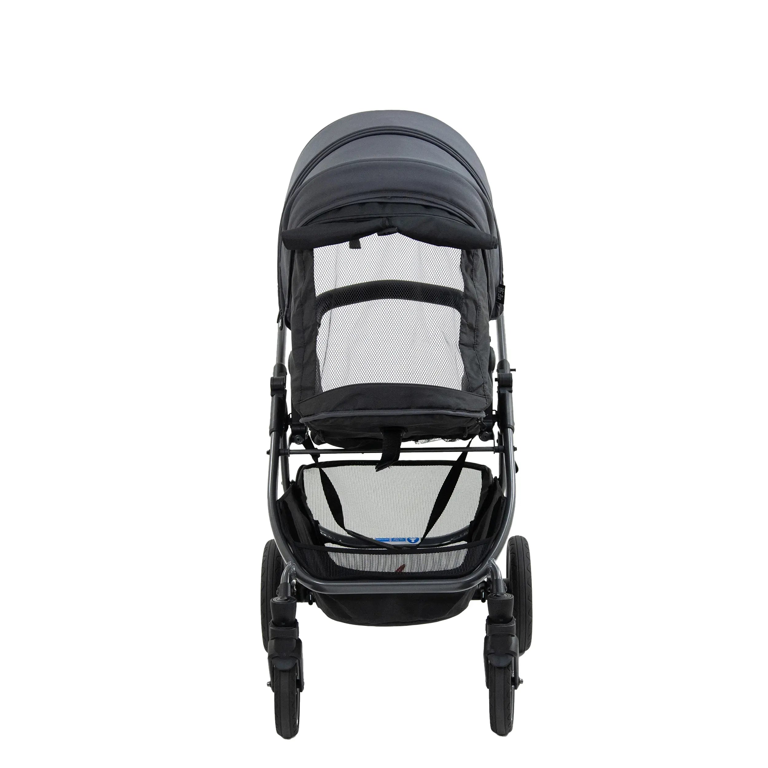 Black baby stroller showcasing Valcobaby SNAP Ultra Elite Signature Grey with cup holder