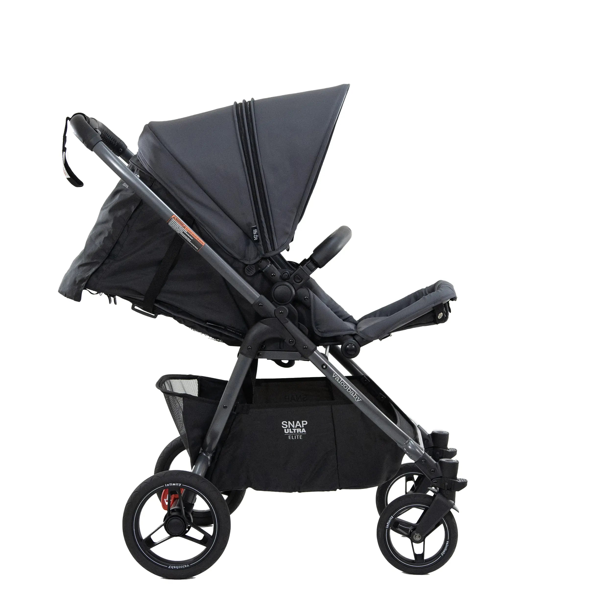 Gray Valcobaby SNAP Ultra Elite stroller with storage basket and free cup holder
