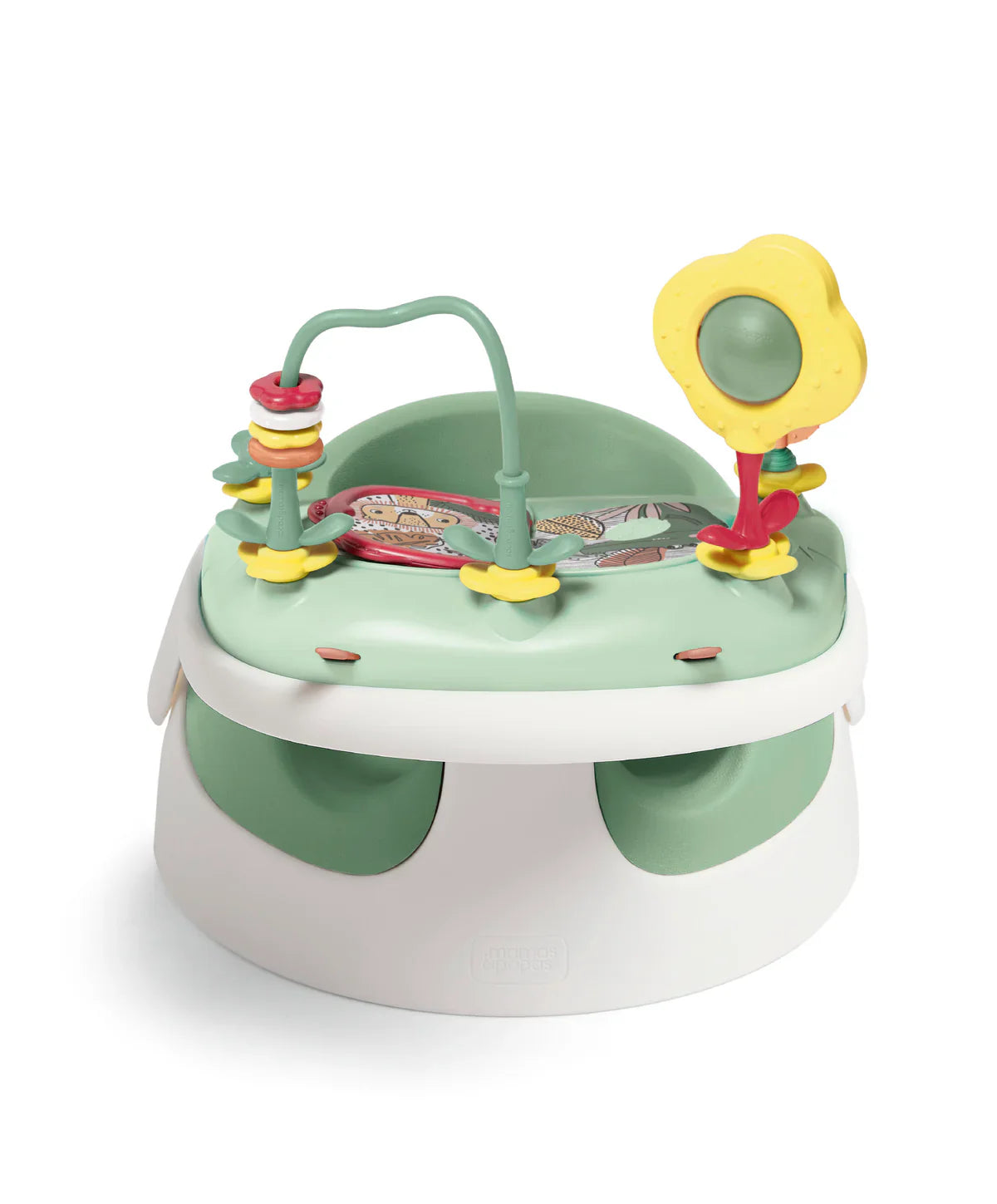 Green and white baby seat with toys from Mamas & Papas Snug Floor Seat for babies