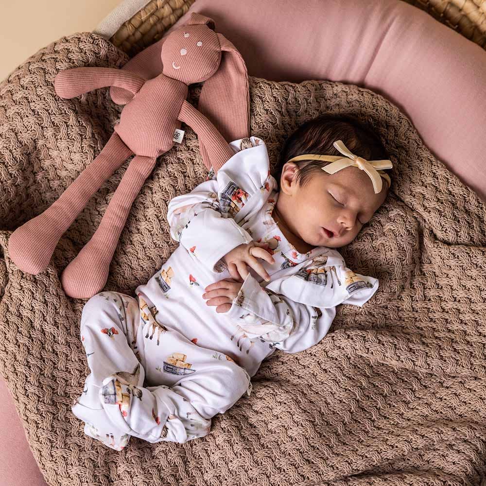 Sleeping baby with bunny plush in Snuggle Hunny Pony Pals Organic Growsuit for baby strollers