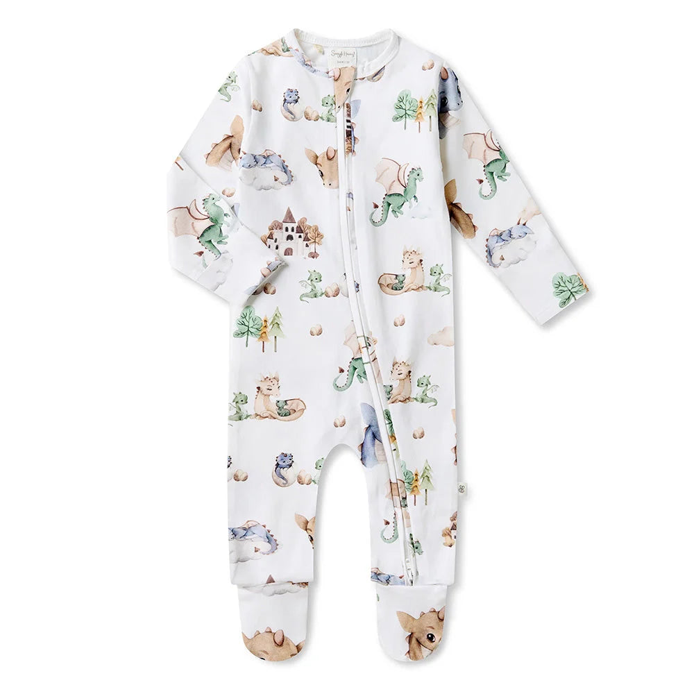 White baby onesie with dragon print from Snuggle Hunny Dragon Organic Snuggle Sleepsuit Zip featuring Toshi Baby style for comfy strolls