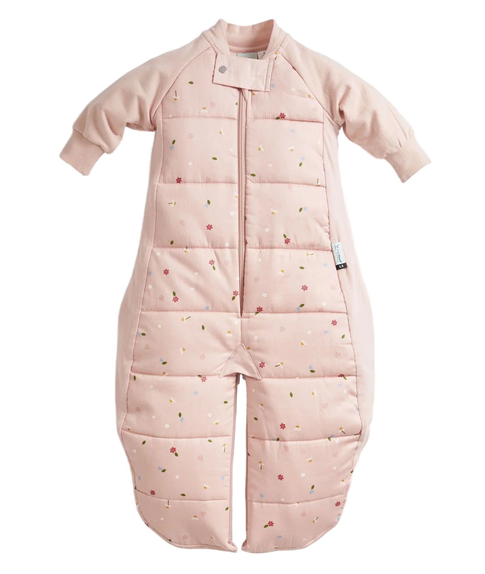 Pink floral baby sleeping bag with sleeves from Ergopouch Sleep Suit Bag 2.5 TOG Daisies for cozy naps