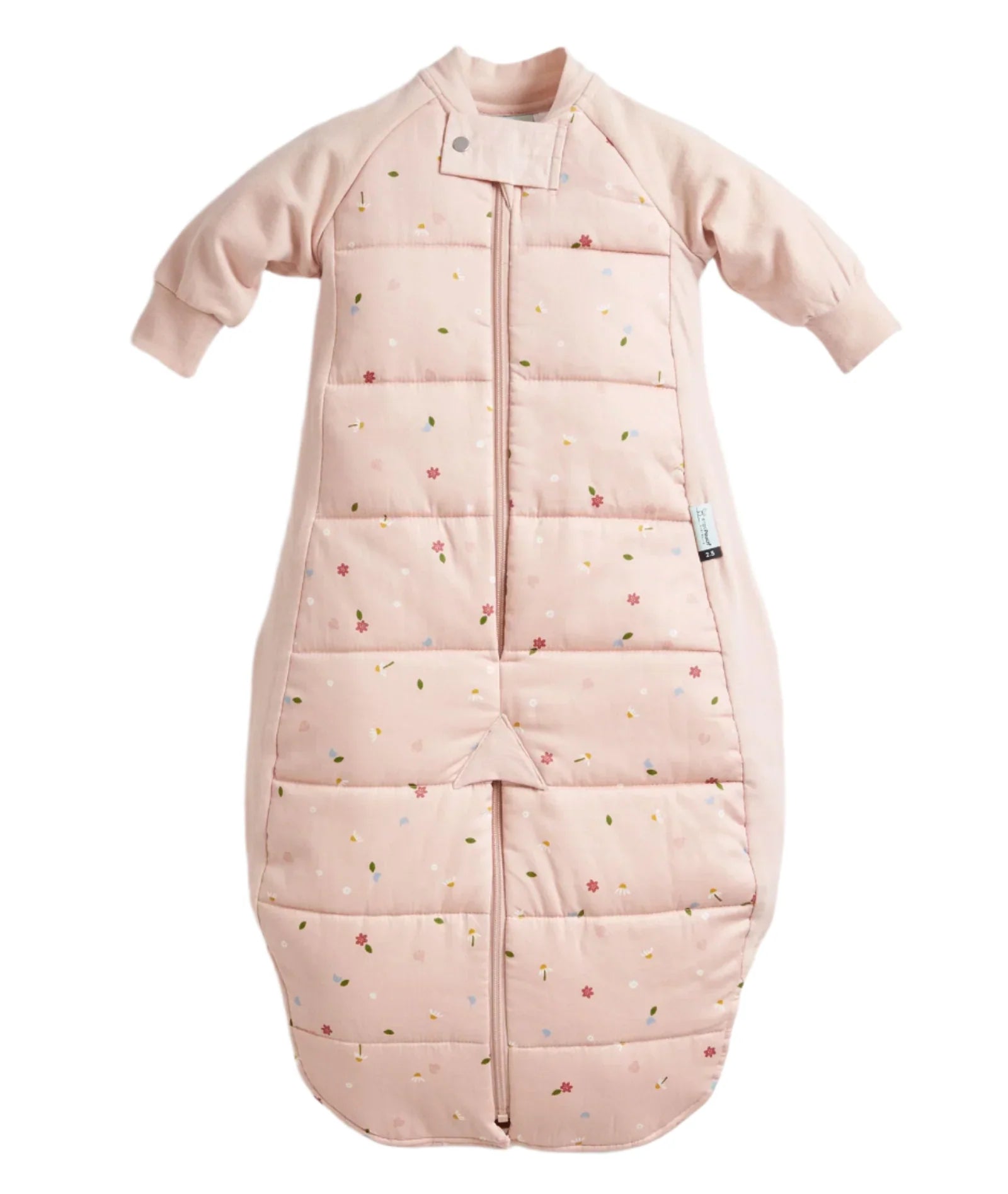 Pink floral baby sleeping bag with sleeves from Ergopouch Sleep Suit Bag 2.5 TOG Daisies, perfect for tosihi baby romper and baby strollers