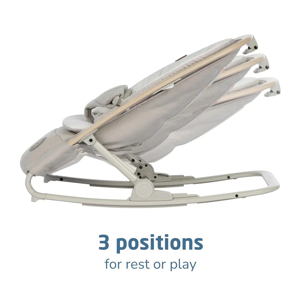 Adjustable baby bouncer from Maxi Cosi Kori Rocker with Toshi Baby Romper and Odyssey Wagon Wheels