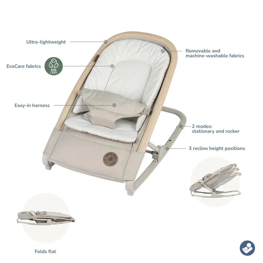 Beige Maxi Cosi Kori Rocker with multiple features, perfect for Toshi Baby Romper and Odyssey Wagon Wheels playtime