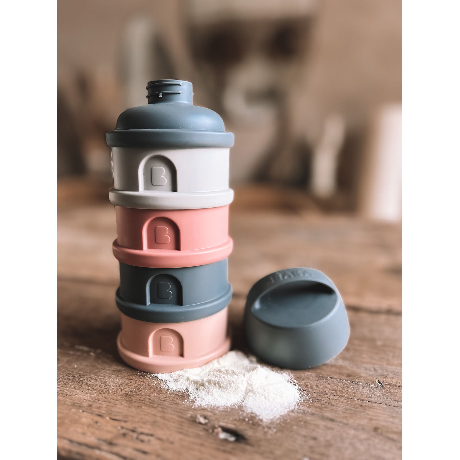 Stacked baby formula dispenser from Beaba, perfect for on-the-go baby strollers and more